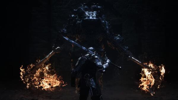 A Mortal Shell II screenshot showing a knight wielding a sword facing a towering, fiery-armed enemy in a dark arena.