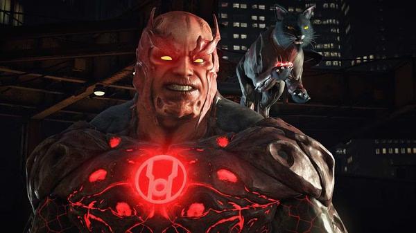 Injustice™ 2 screenshot showing Atrocitus and Dex-Starr, a red lantern and his cat, glowing red.