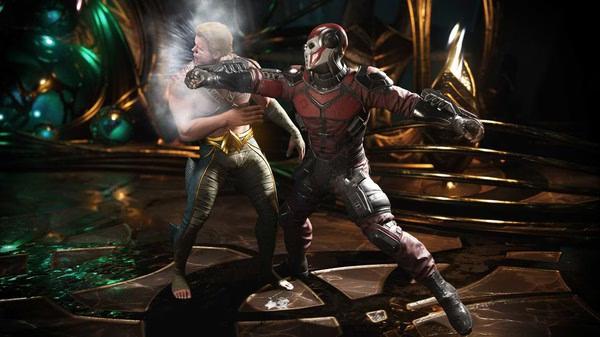 Injustice™ 2 screenshot showing The Flash punching Captain Cold during a combat scene.