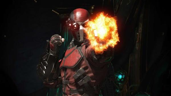 Injustice™ 2 screenshot showing Deadshot holding a fiery glowing weapon in a dark, industrial setting.