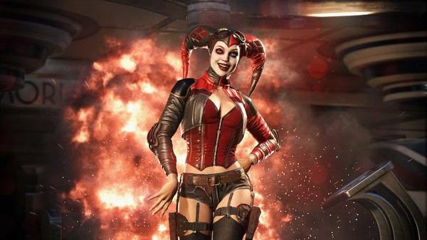 Injustice™ 2 screenshot showing Harley Quinn smiling confidently in front of a fiery explosion.