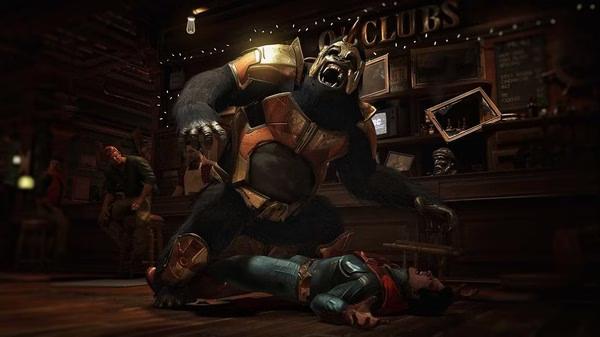 Injustice™ 2 screenshot showing Gorilla Grodd standing over a defeated Superman in a bar.