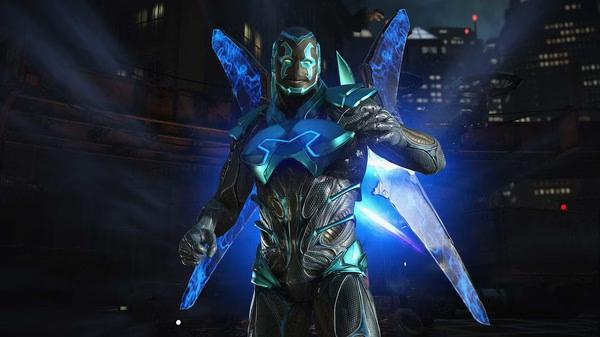 Injustice™ 2 screenshot featuring Blue Beetle in dark metallic armor with glowing blue accents and large energy wings.
