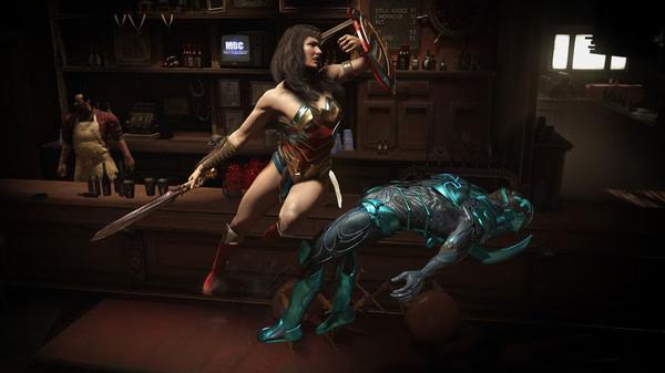 Injustice™ 2 screenshot showing Wonder Woman holding a sword and standing over Blue Beetle in a bar.