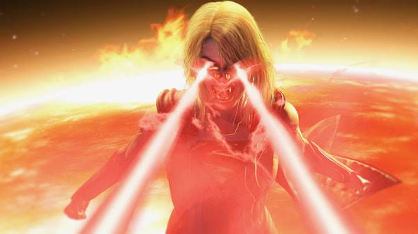 Injustice™ 2 screenshot showing Supergirl firing glowing red heat vision against a fiery background.