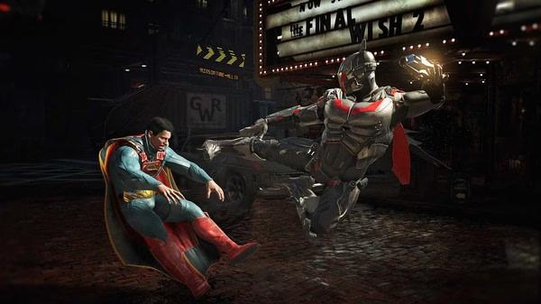 Injustice™ 2 screenshot: a caped fighter is knocked back as an armored opponent kicks him.