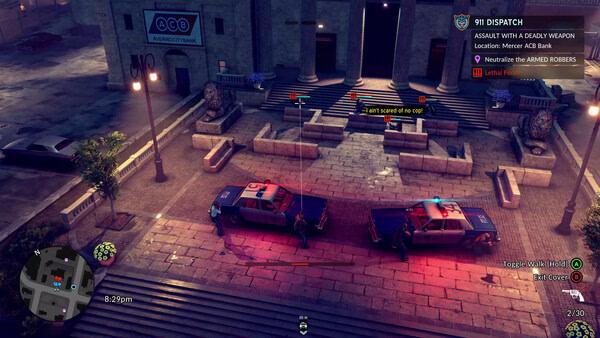 A screenshot from "The Precinct" showing a police standoff outside a bank with armed robbers and patrol cars under night lights.