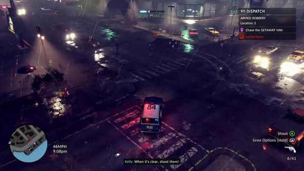 A screenshot from "The Precinct" shows a police car chasing a getaway van in a rainy city at night with sirens on.