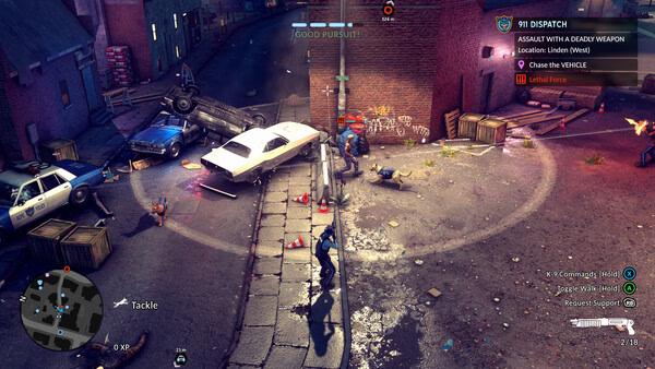 A screenshot from The Precinct shows a top-down view of a police chase scene with officers pursuing a suspect in an alley.