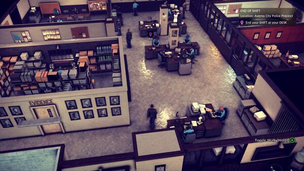 A screenshot from "The Precinct" shows a top-down view of a busy police station with officers working at desks and filing evidence.