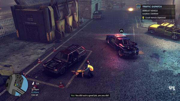 Screenshot from "The Precinct" showing a nighttime scene with a police car, a suspect being arrested, and mission objectives displayed.