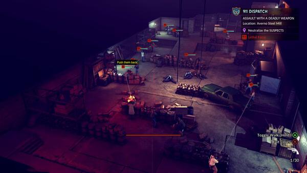 Screenshot from "The Precinct" showing a warehouse shootout with armed officers, suspects, and visible mission objectives.