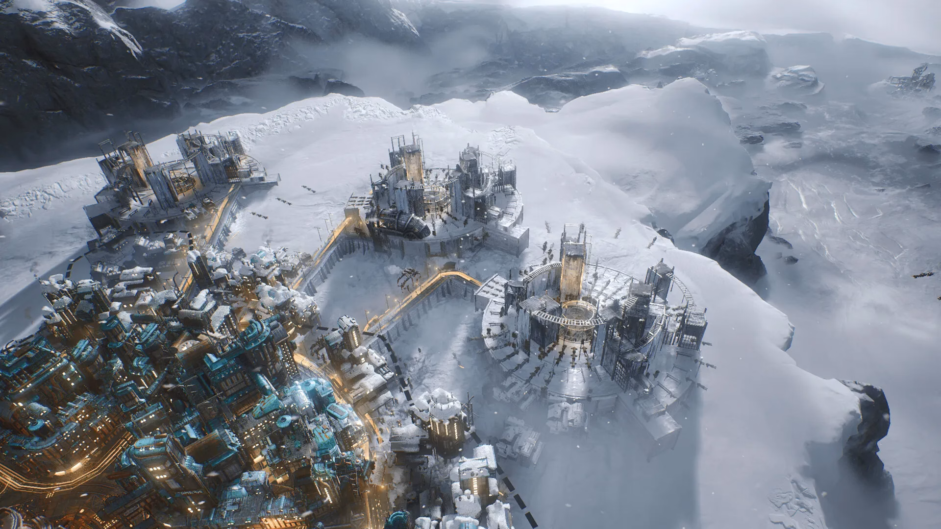 Industrial district with advanced technological structures in a frozen landscape