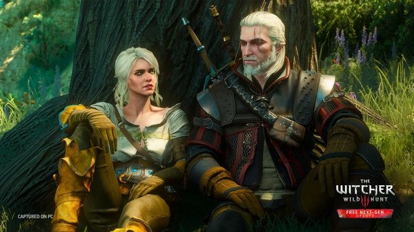 Geralt and Ciri sit under a tree in lush greenery in this screenshot from The Witcher 3: Wild Hunt, showcasing detailed visuals.