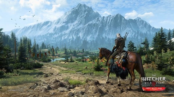 A screenshot from The Witcher 3: Wild Hunt shows Geralt on horseback, gazing at a vast, mountainous landscape.