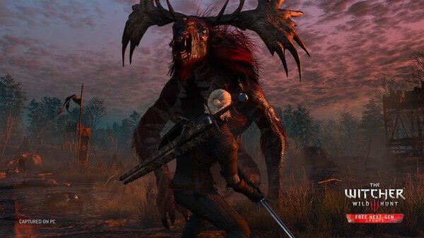 A screenshot from The Witcher 3: Wild Hunt shows Geralt facing a menacing fiend in a misty, desolate landscape at dusk.