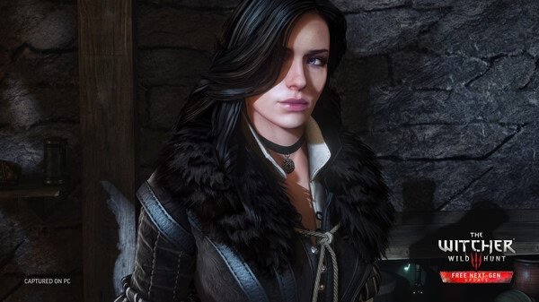A screenshot from The Witcher 3: Wild Hunt showing a character in a black fur-lined outfit inside a dimly lit wooden room.