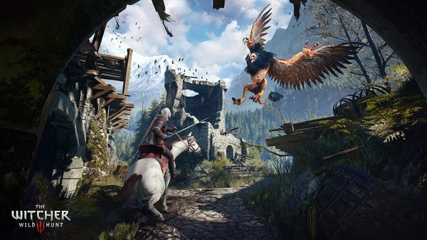 The Witcher 3: Wild Hunt screenshot showing Geralt on horseback facing a griffin in a ruined, mountainous landscape.