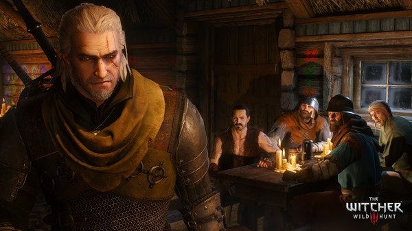 A screenshot from The Witcher 3: Wild Hunt showing Geralt in a dimly lit tavern with patrons seated at a table.