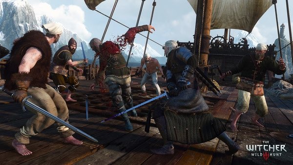 A screenshot from The Witcher 3: Wild Hunt showing Geralt fighting bandits on a ship deck with snowy mountains in the background.