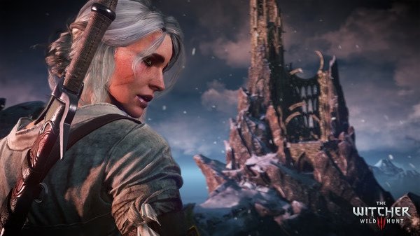 The Witcher 3: Wild Hunt screenshot shows a character with a sword facing a rugged, snow-covered mountain fortress.
