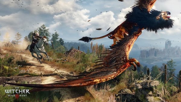 Screenshot from The Witcher 3: Wild Hunt showing Geralt on horseback, facing a large flying griffin in a wild landscape.