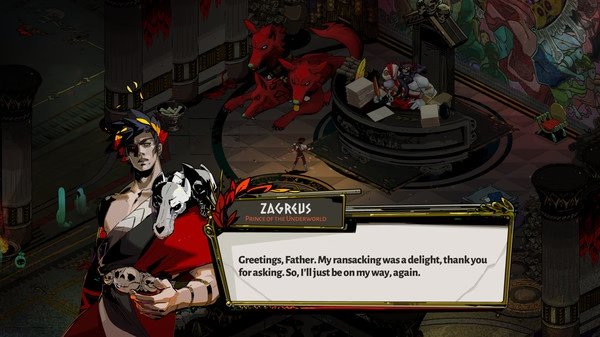 Screenshot from Hades: Zagreus stands in the Underworld Hall, speaking to Hades, with Cerberus resting nearby.