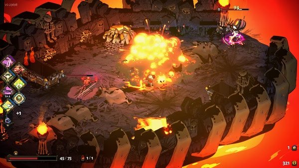 Hades screenshot: Zagreus battles enemies in a fiery, circular arena with explosions and combat effects prominently displayed.