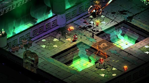 Hades screenshot: The protagonist battles fiery skull enemies in a neon-lit dungeon with glowing green pits and intricate decor.