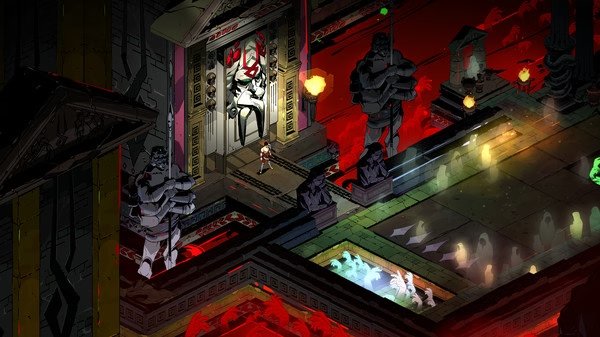 Screenshot from Hades showing the main character, Zagreus, standing before a large ornate door in the Underworld's fiery depths.