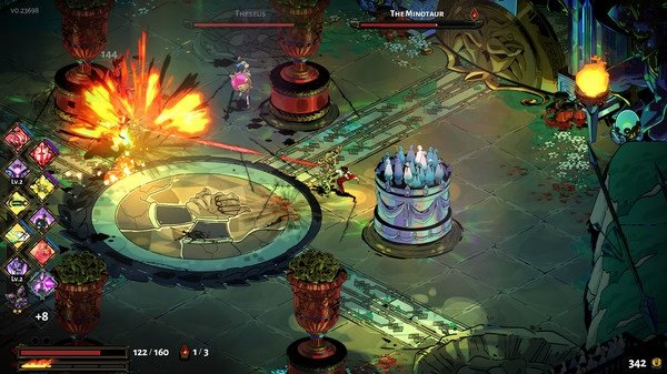 Hades screenshot: Zagreus battles Theseus and the Minotaur in a vibrant arena with fiery attacks and ornate surroundings.
