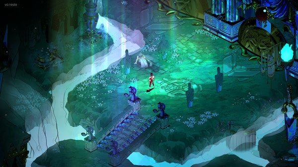 Screenshot from Hades showing the protagonist Zagreus in a vibrant, mystical chamber surrounded by ethereal green light and ornate decor.