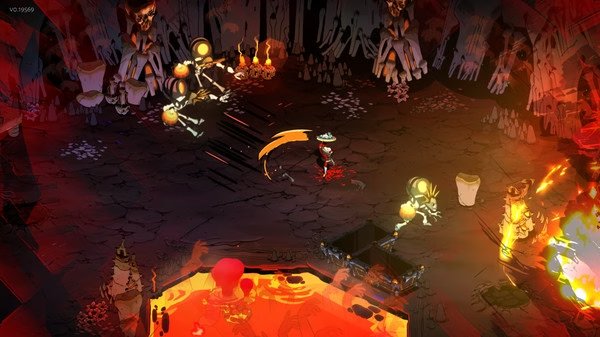 Hades screenshot: Zagreus battles skeleton foes in a fiery underworld chamber, surrounded by lava and destructible objects.