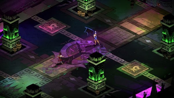 Hades screenshot: Zagreus battles a skeleton warrior in a dimly lit chamber with glowing green pillars and ornate floor designs.