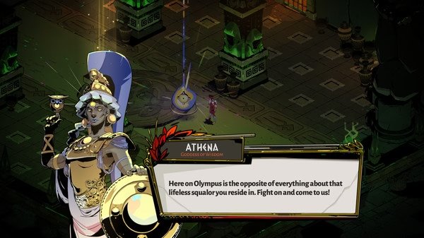Screenshot from Hades showing Athena speaking to the player character in a dark, ornate hall with green columns.