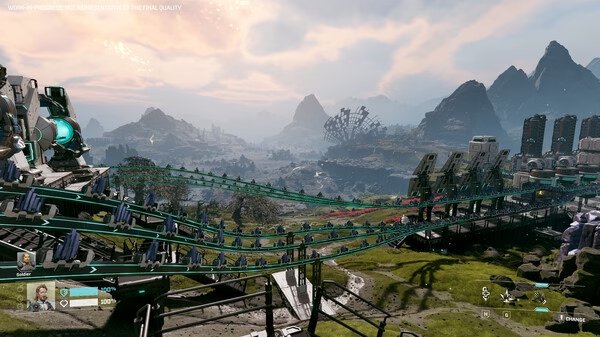 StarRupture screenshot: A futuristic landscape with towering mountains and advanced machinery, showcasing a vast, detailed world.