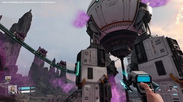 A StarRupture screenshot showing a player's point of view aiming at a futuristic structure with purple energy and rocky terrain.