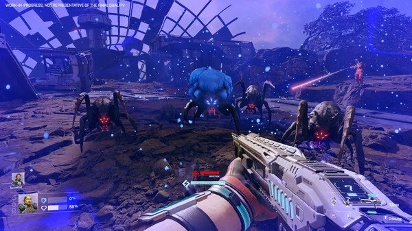 StarRupture screenshot: First-person view aiming a futuristic weapon at approaching alien spiders in a desolate landscape.