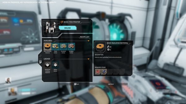 Screenshot from StarRupture showing a crafting menu with various items and a selection for base building materials.
