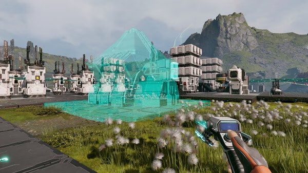 Screenshot from StarRupture showing a futuristic landscape with a player aiming a weapon at a holographic building structure.