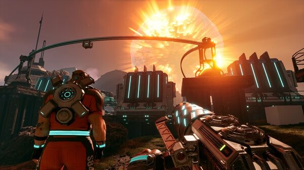 Screenshot from StarRupture: A player character in futuristic armor stands on a platform, overlooking a glowing sun and sci-fi buildings.