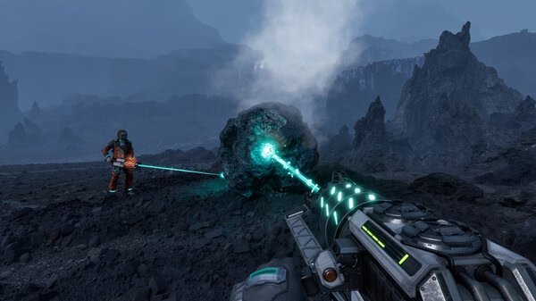 StarRupture screenshot: A player in a spacesuit uses a futuristic weapon to target a glowing rock on a desolate alien landscape.