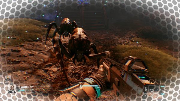 StarRupture screenshot: A player aims a futuristic weapon at a large alien insect on a rugged, dirt-covered battlefield.