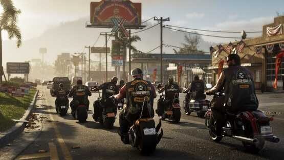 A screenshot from Grand Theft Auto VI (PlayStation 5) showing bikers riding down a sunny street in a small town setting.