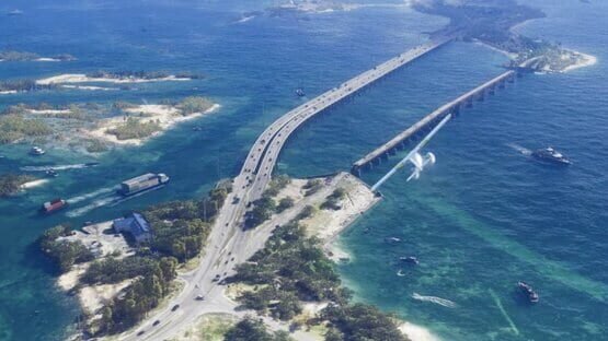 Grand Theft Auto VI (PlayStation 5) screenshot showing a scenic coastal highway with cars, boats, and a plane flying overhead.