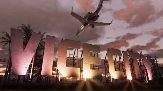 Grand Theft Auto VI (PlayStation 5) screenshot: A jet flies over a large glowing "VICE CITY" sign at sunset, surrounded by palm trees.