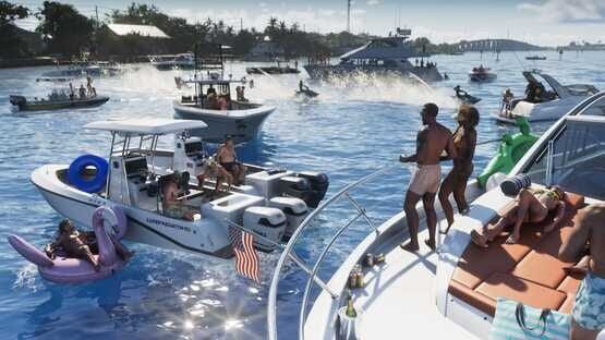 A Grand Theft Auto VI (PlayStation 5) screenshot showing a lively boating scene with characters on yachts and jet skis.