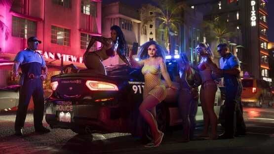A Grand Theft Auto VI (PlayStation 5) screenshot showing police officers and characters posing near a police car at night.