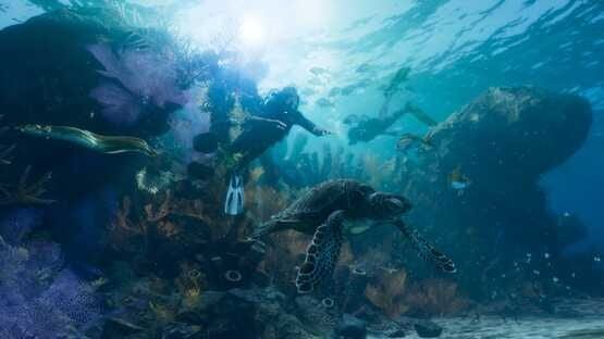 A Grand Theft Auto VI (PlayStation 5) screenshot showing scuba divers exploring a vibrant underwater reef with a sea turtle.
