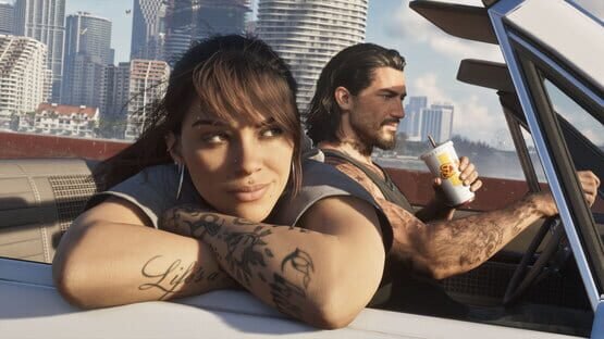 Screenshot from Grand Theft Auto VI (PlayStation 5) showing two characters in a convertible with a city skyline in the background.